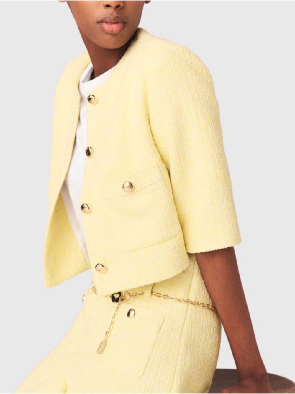 Pale Yellow Tweed Cropped Jacket